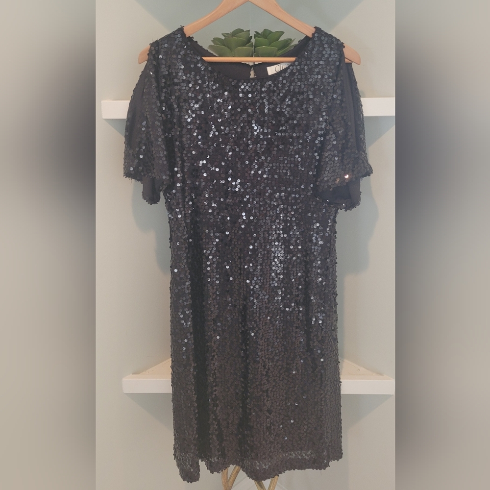 Black Sequin Short Sleeve Party Dress